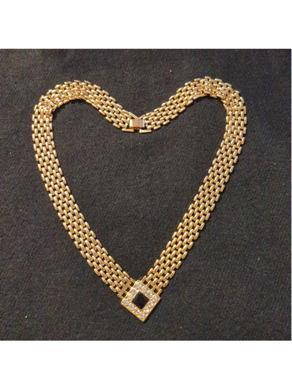 Vintage Gold Tone Panther Chain Mesh Black Enamel Clear Rhinestone Necklace